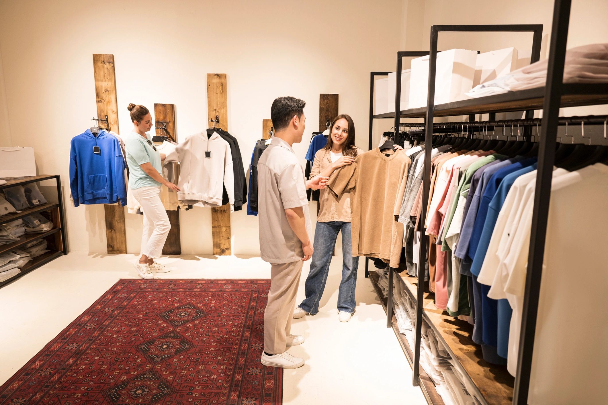 Fashionable people shopping clothing modern earthy